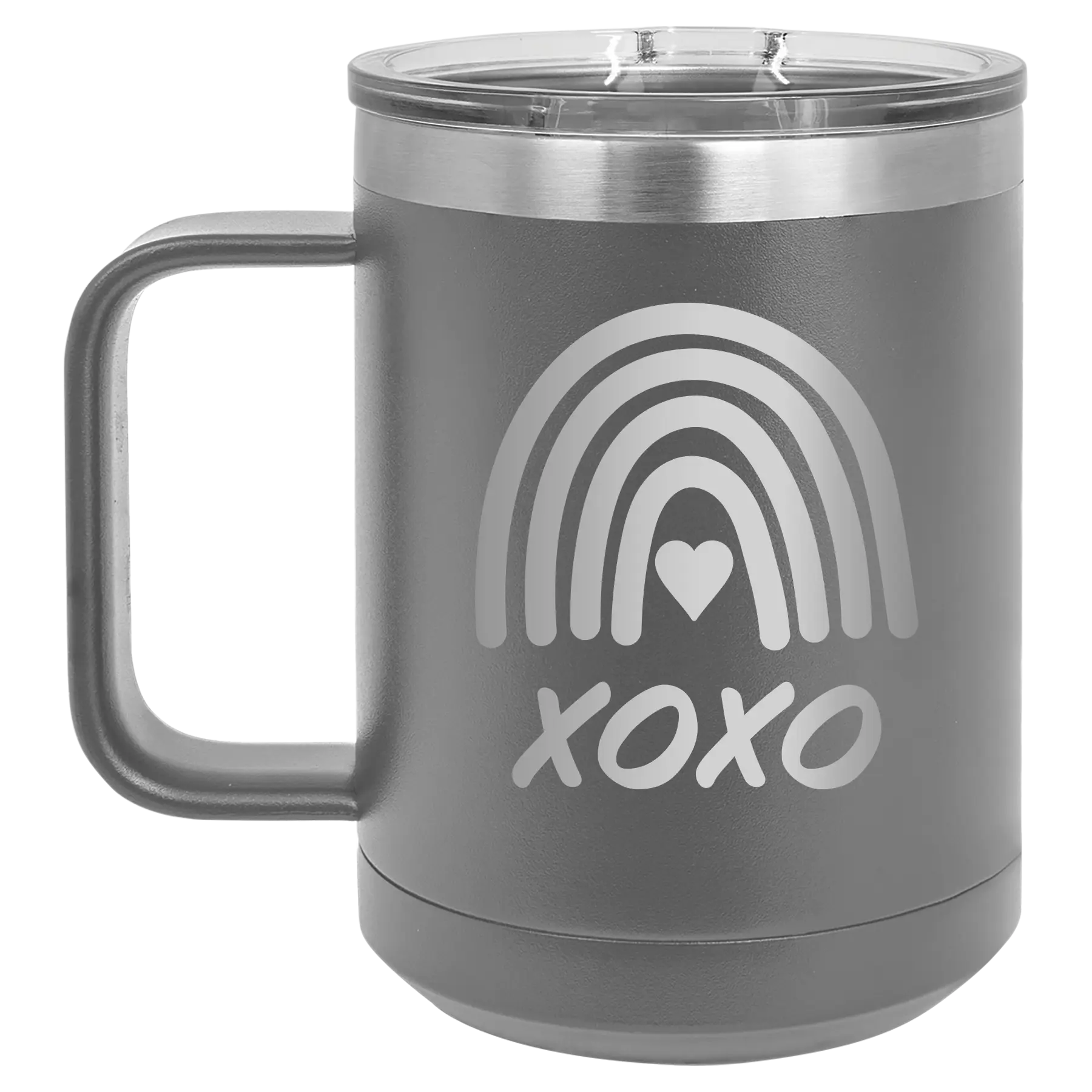 Laser etched dark gray 15 oz vacuum insulated coffee mug with 'XOXO Rainbow' design