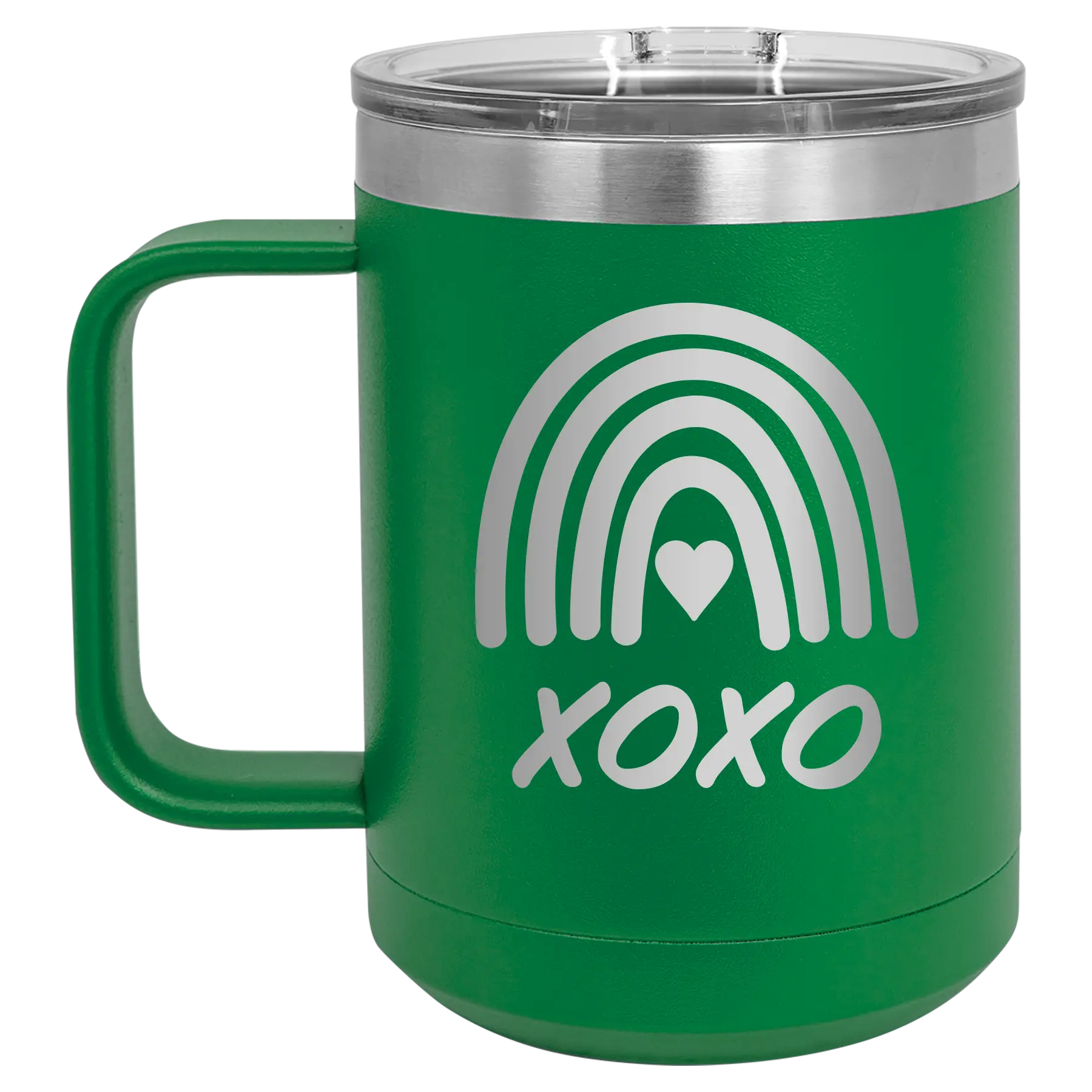 Laser etched green 15 oz vacuum insulated coffee mug with 'XOXO Rainbow' design