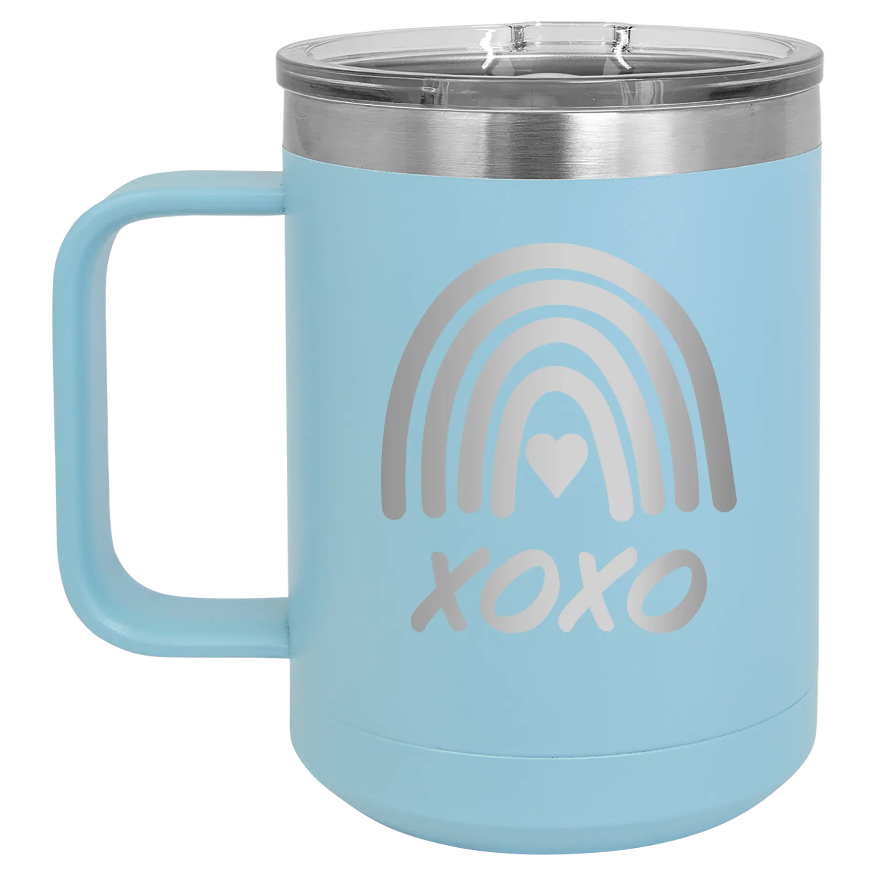 Laser etched light blue 15 oz vacuum insulated coffee mug with 'XOXO Rainbow' design