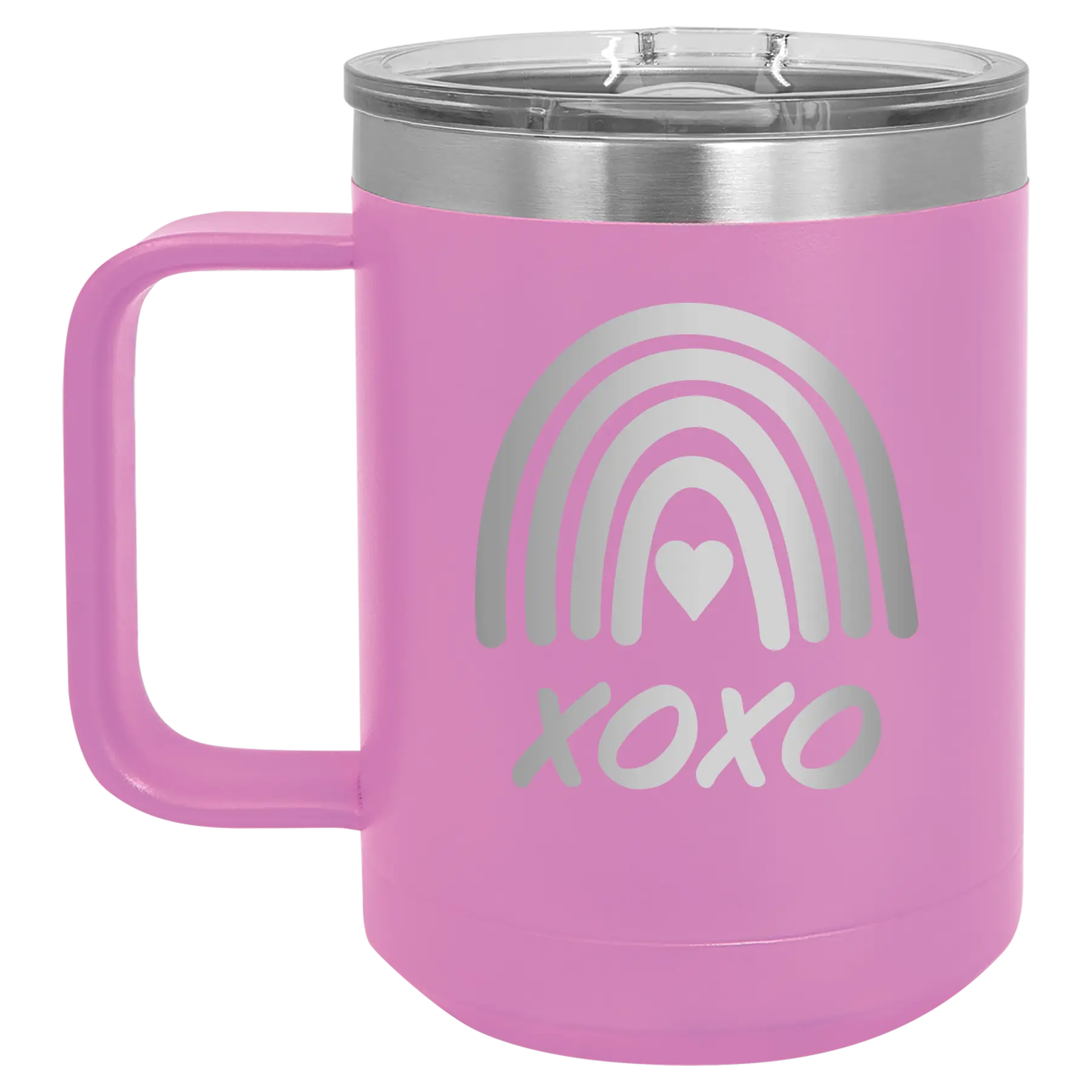 Laser etched light purple 15 oz vacuum insulated coffee mug with 'XOXO Rainbow' design
