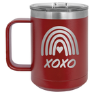 Laser etched maroon 15 oz vacuum insulated coffee mug with 'XOXO Rainbow' design