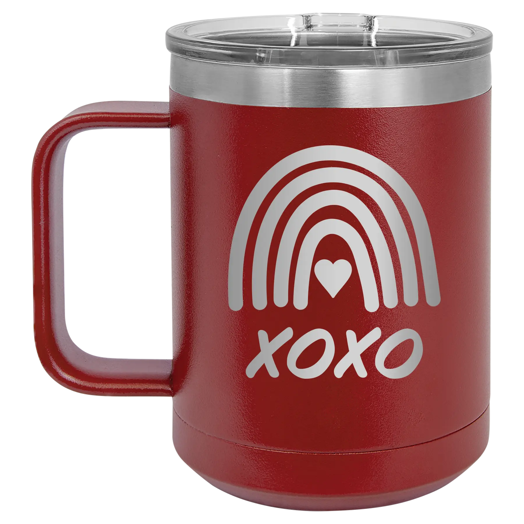 Laser etched maroon 15 oz vacuum insulated coffee mug with 'XOXO Rainbow' design