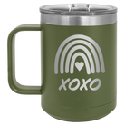 Laser etched olive green 15 oz vacuum insulated coffee mug with 'XOXO Rainbow' design