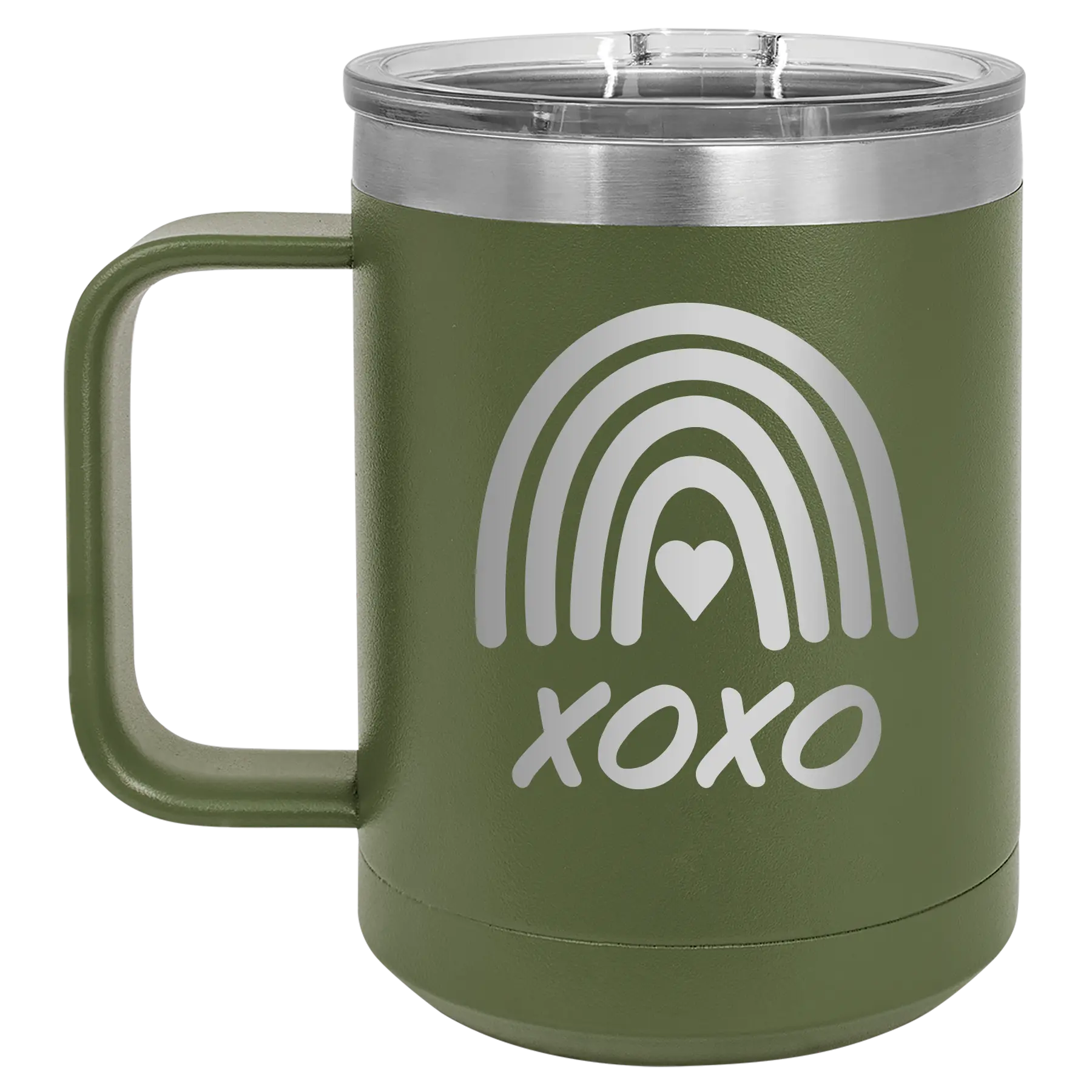Laser etched olive green 15 oz vacuum insulated coffee mug with 'XOXO Rainbow' design