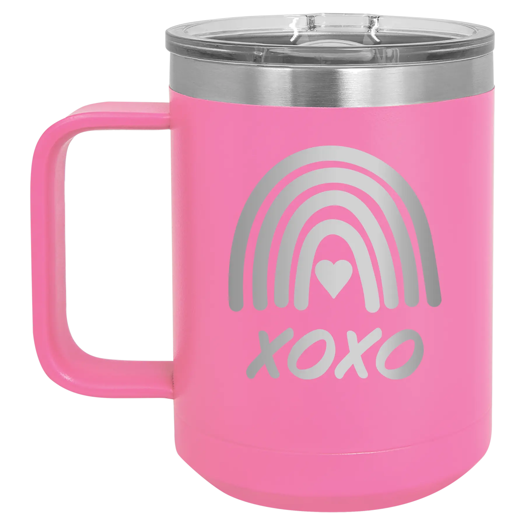 Laser etched pink 15 oz vacuum insulated coffee mug with 'XOXO Rainbow' design