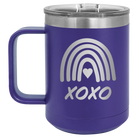 Laser etched purple 15 oz vacuum insulated coffee mug with 'XOXO Rainbow' design