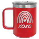 Laser etched red 15 oz vacuum insulated coffee mug with 'XOXO Rainbow' design