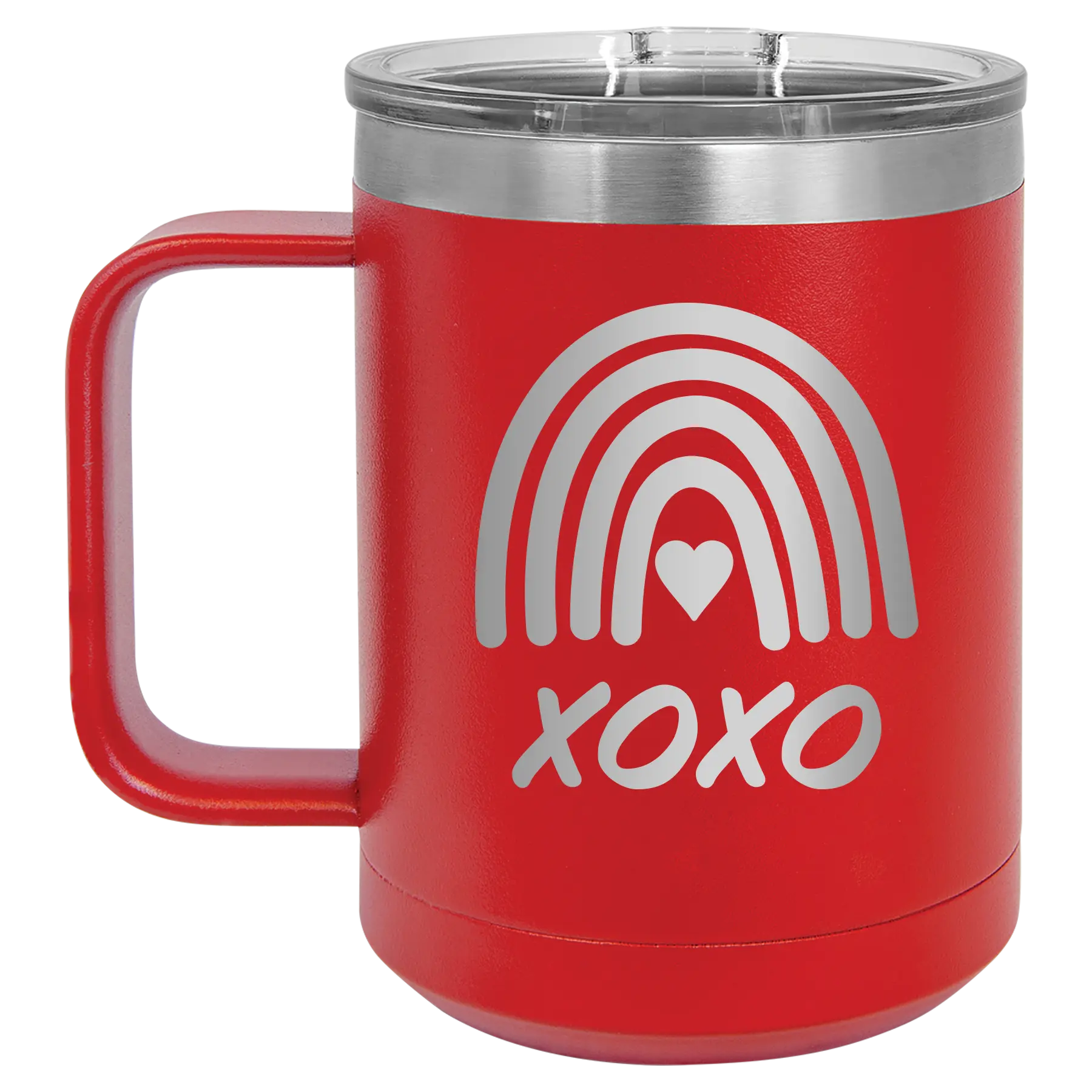Laser etched red 15 oz vacuum insulated coffee mug with 'XOXO Rainbow' design