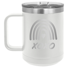 Laser etched white 15 oz vacuum insulated coffee mug with 'XOXO Rainbow' design