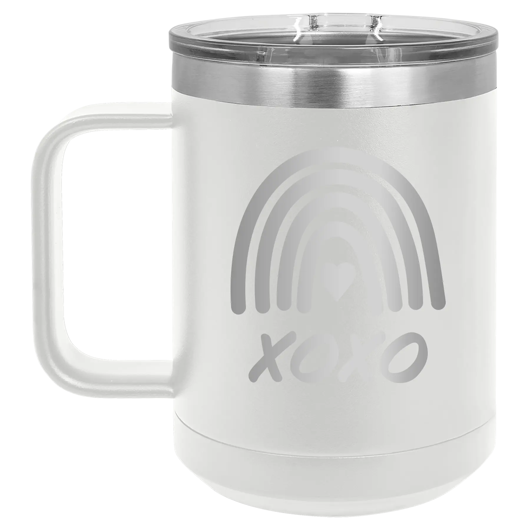 Laser etched white 15 oz vacuum insulated coffee mug with 'XOXO Rainbow' design