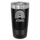 Laser etched black 20 oz vacuum insulated tumbler with 'XOXO Rainbow' design