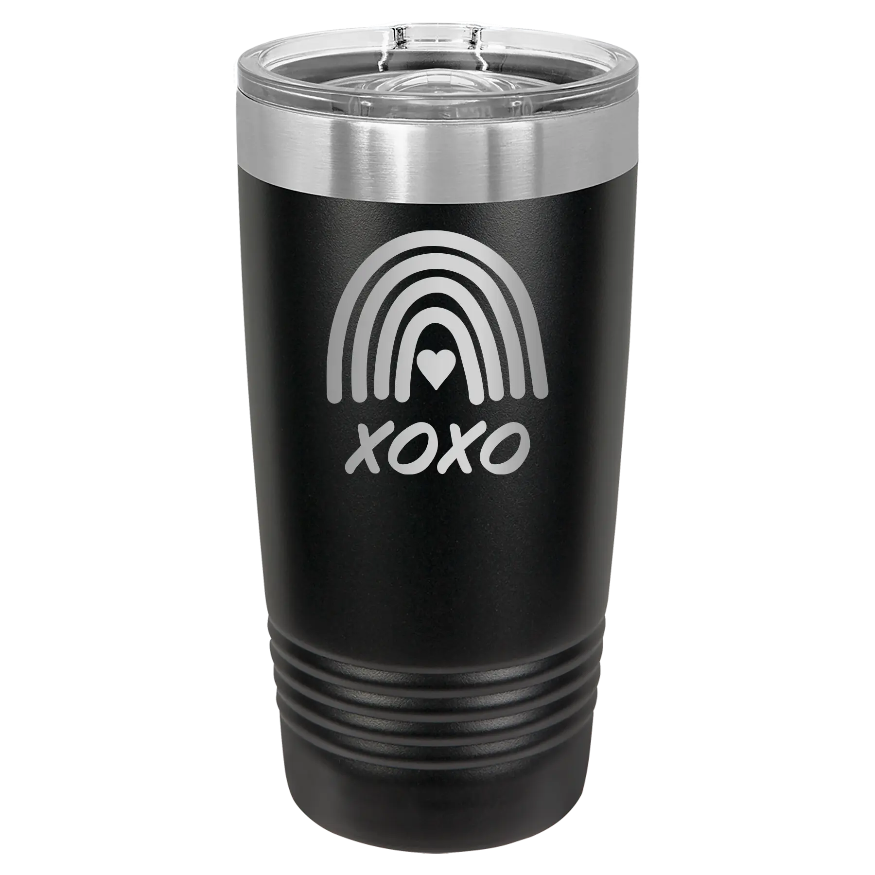 Laser etched black 20 oz vacuum insulated tumbler with 'XOXO Rainbow' design
