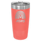 Laser etched coral 20 oz vacuum insulated tumbler with 'XOXO Rainbow' design