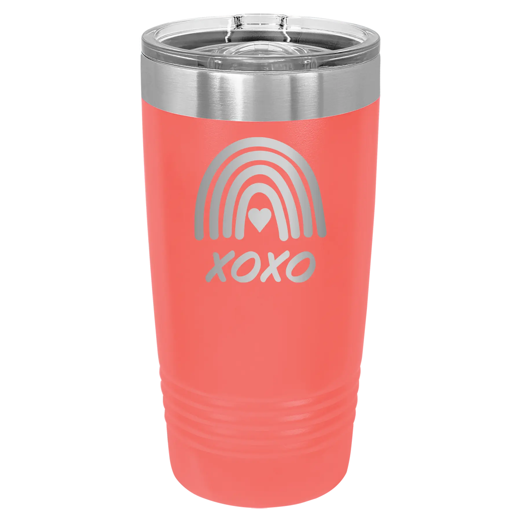 Laser etched coral 20 oz vacuum insulated tumbler with 'XOXO Rainbow' design