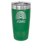 Laser etched green 20 oz vacuum insulated tumbler with 'XOXO Rainbow' design