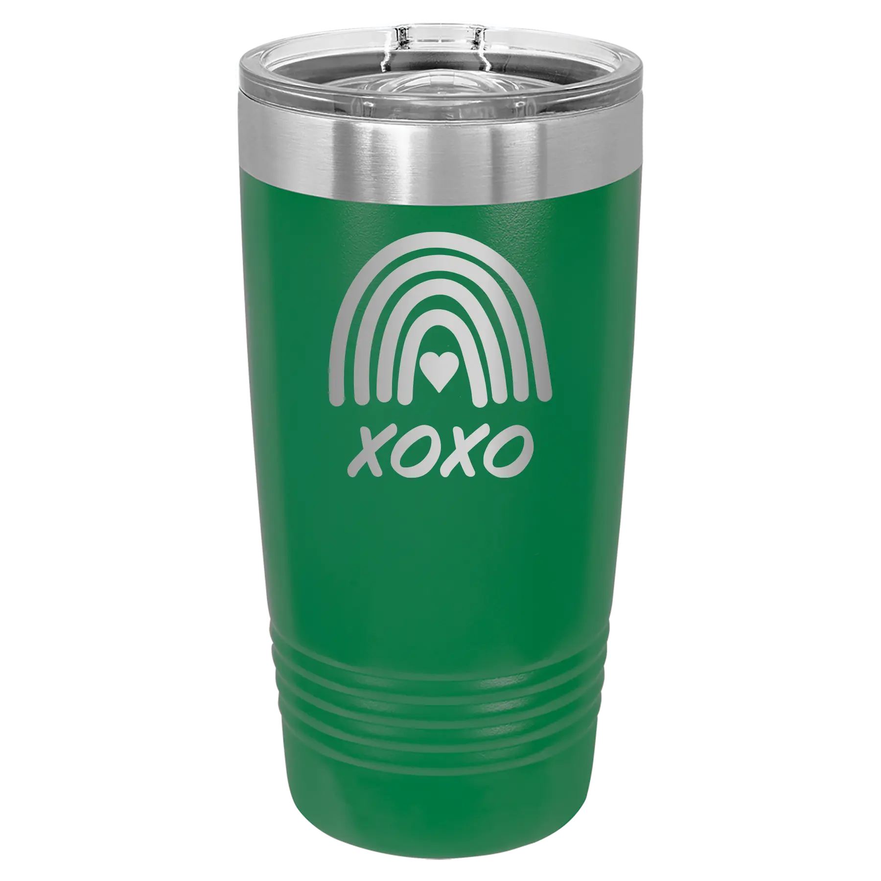 Laser etched green 20 oz vacuum insulated tumbler with 'XOXO Rainbow' design