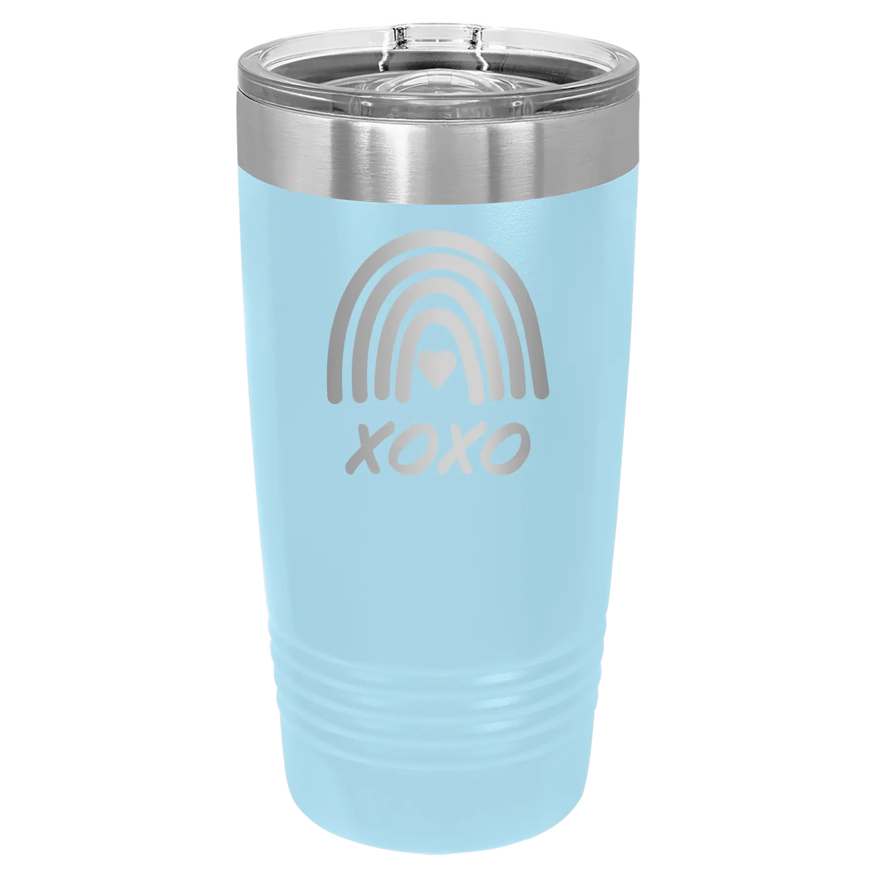 Laser etched light blue 20 oz vacuum insulated tumbler with 'XOXO Rainbow' design