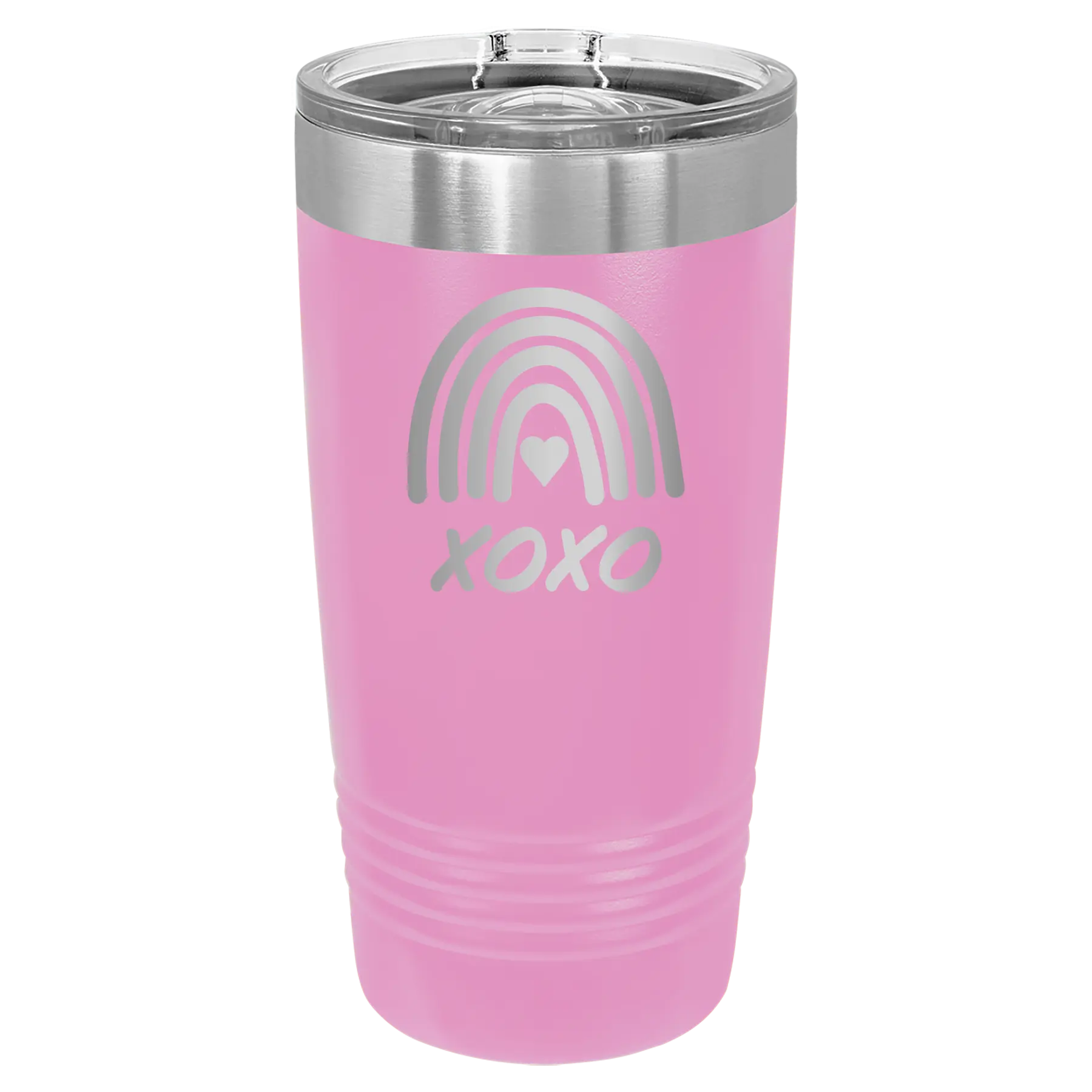 Laser etched light purple 20 oz vacuum insulated tumbler with 'XOXO Rainbow' design