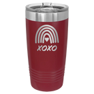 Laser etched maroon 20 oz vacuum insulated tumbler with 'XOXO Rainbow' design