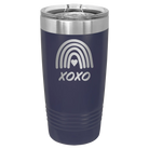Laser etched navy 20 oz vacuum insulated tumbler with 'XOXO Rainbow' design
