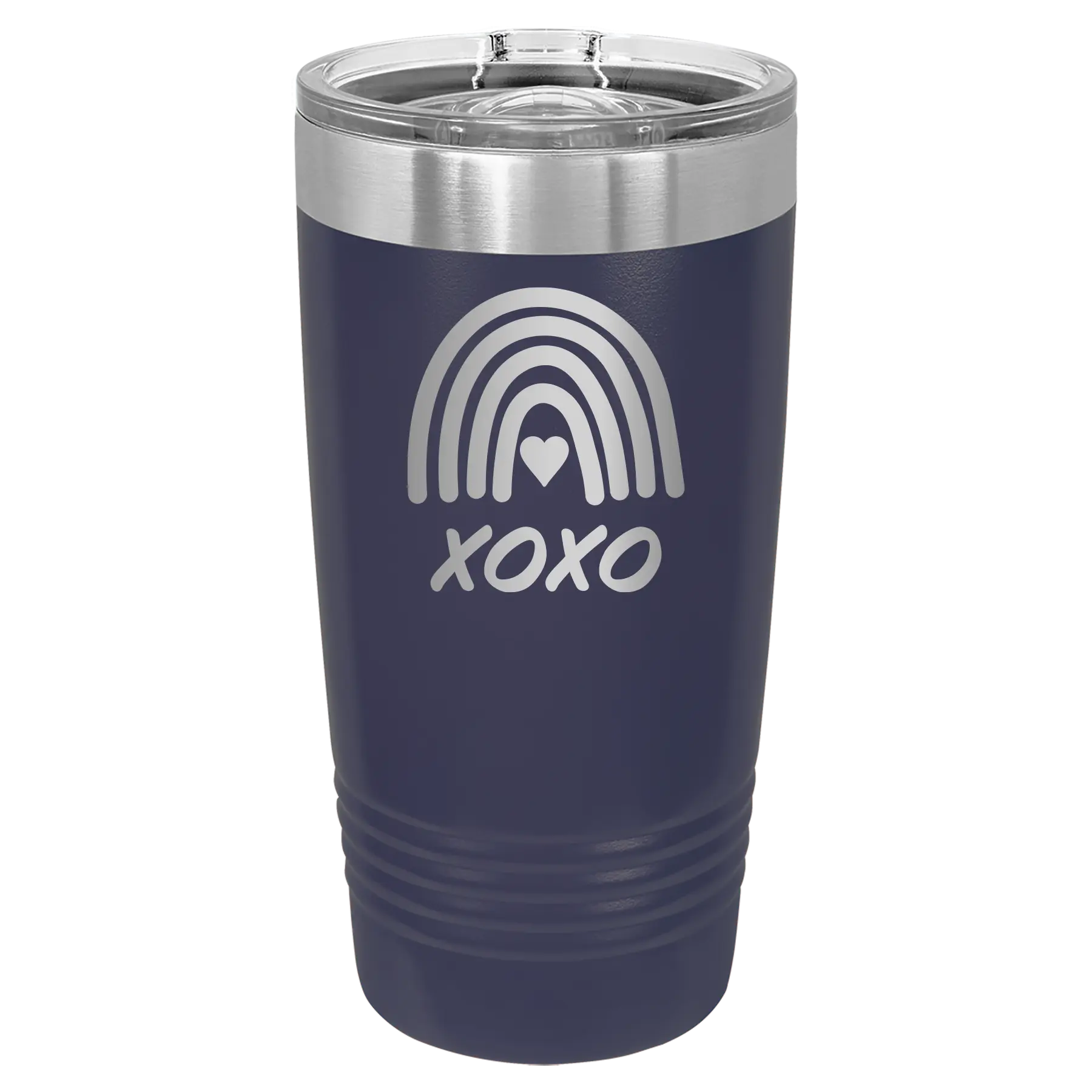 Laser etched navy 20 oz vacuum insulated tumbler with 'XOXO Rainbow' design