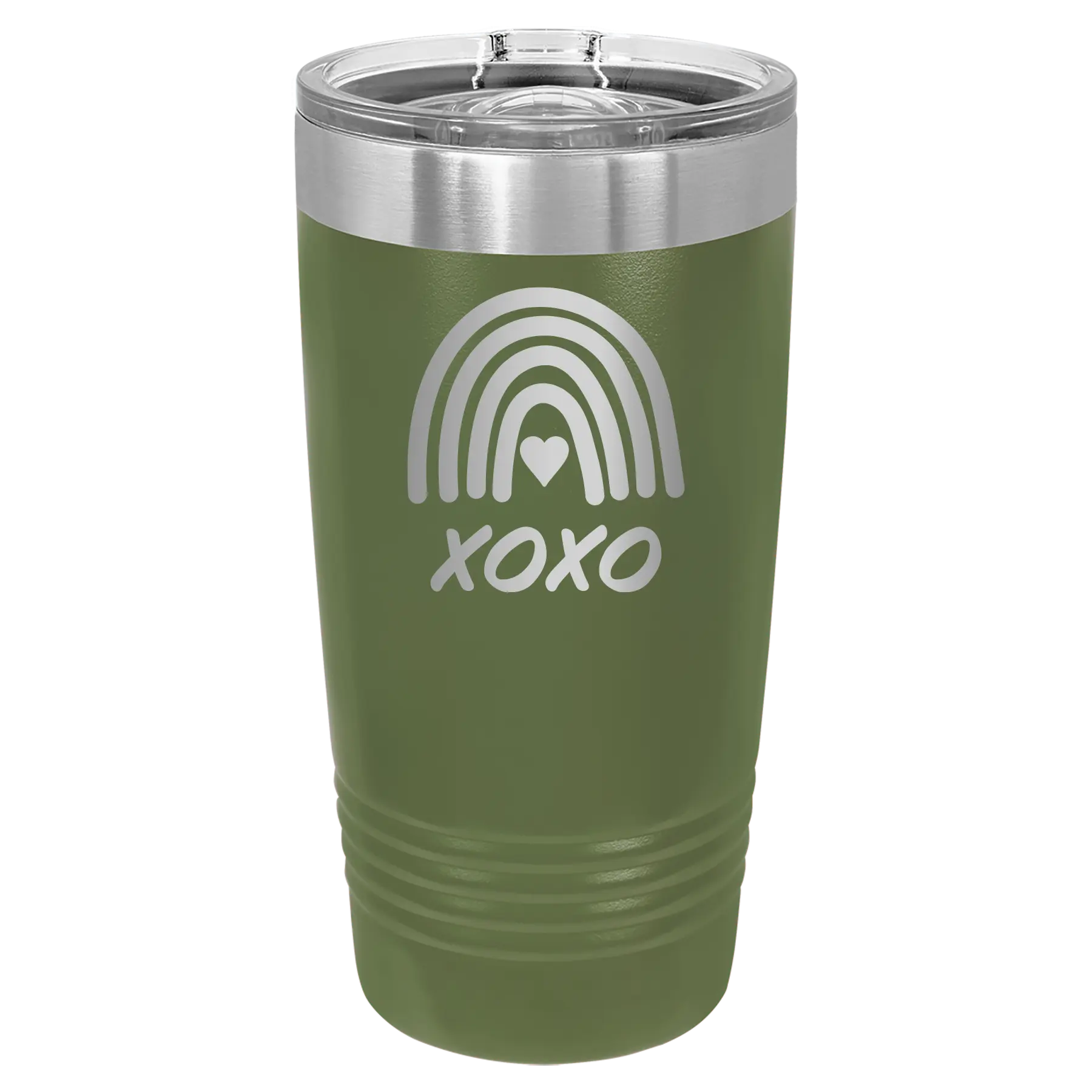 Laser etched olive green 20 oz vacuum insulated tumbler with 'XOXO Rainbow' design
