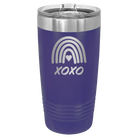 Laser etched purple 20 oz vacuum insulated tumbler with 'XOXO Rainbow' design