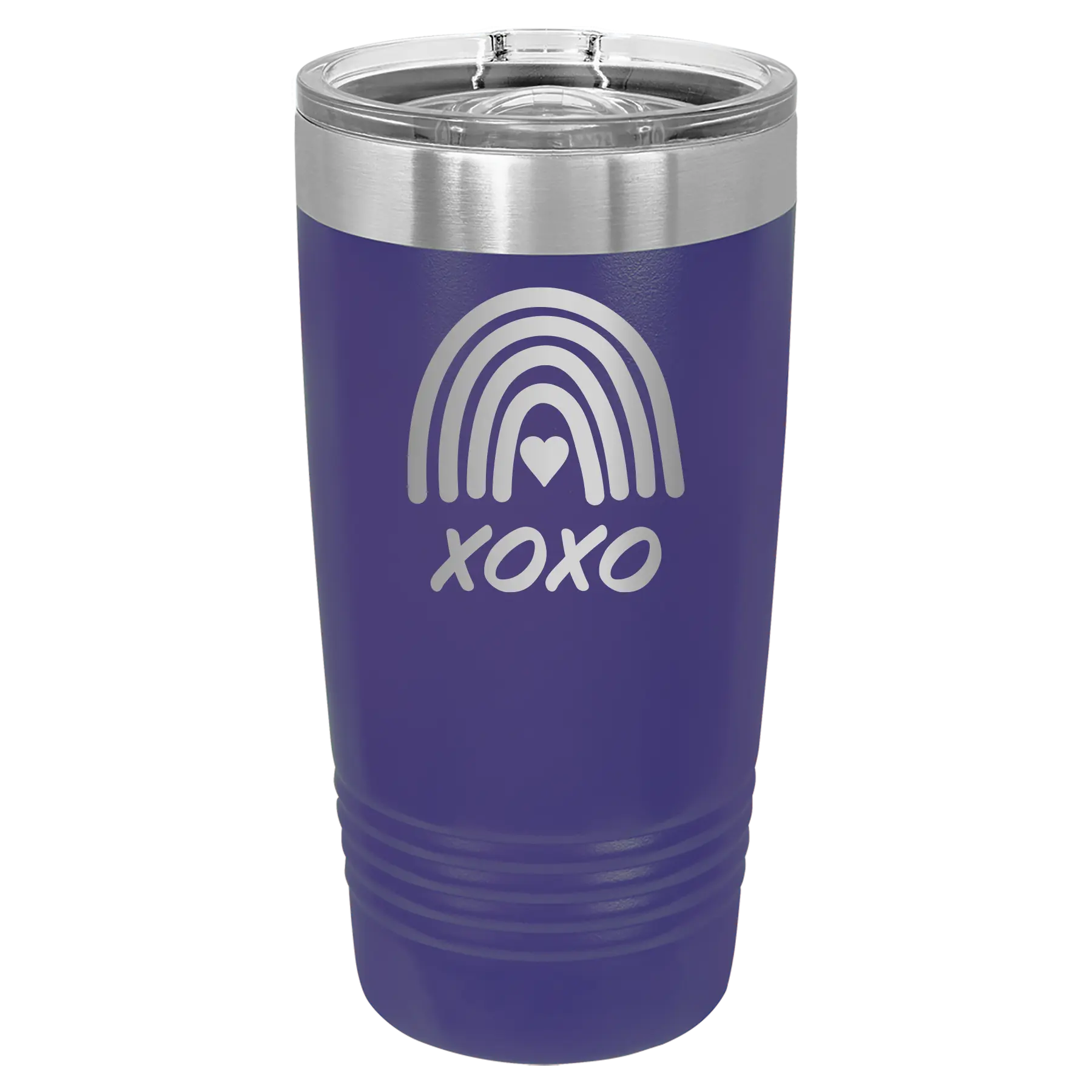 Laser etched purple 20 oz vacuum insulated tumbler with 'XOXO Rainbow' design