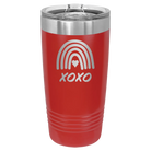 Laser etched red 20 oz vacuum insulated tumbler with 'XOXO Rainbow' design