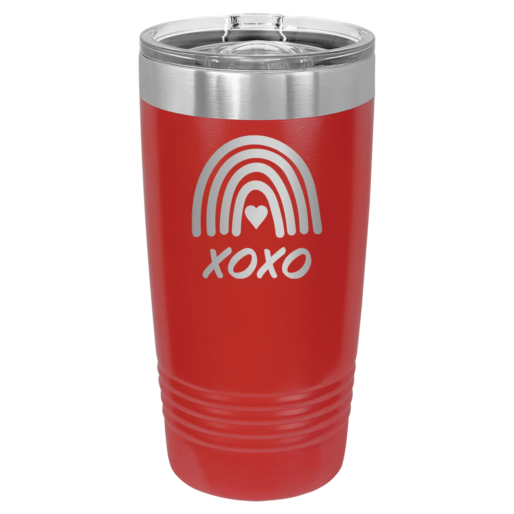 Laser etched red 20 oz vacuum insulated tumbler with 'XOXO Rainbow' design