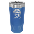 Laser etched royal blue 20 oz vacuum insulated tumbler with 'XOXO Rainbow' design