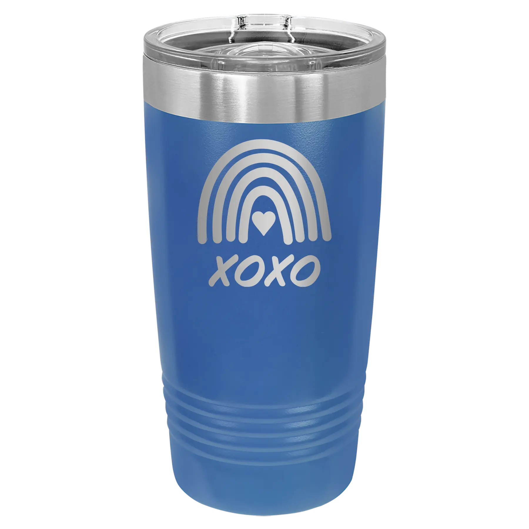 Laser etched royal blue 20 oz vacuum insulated tumbler with 'XOXO Rainbow' design
