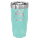 Laser etched teal 20 oz vacuum insulated tumbler with 'XOXO Rainbow' design