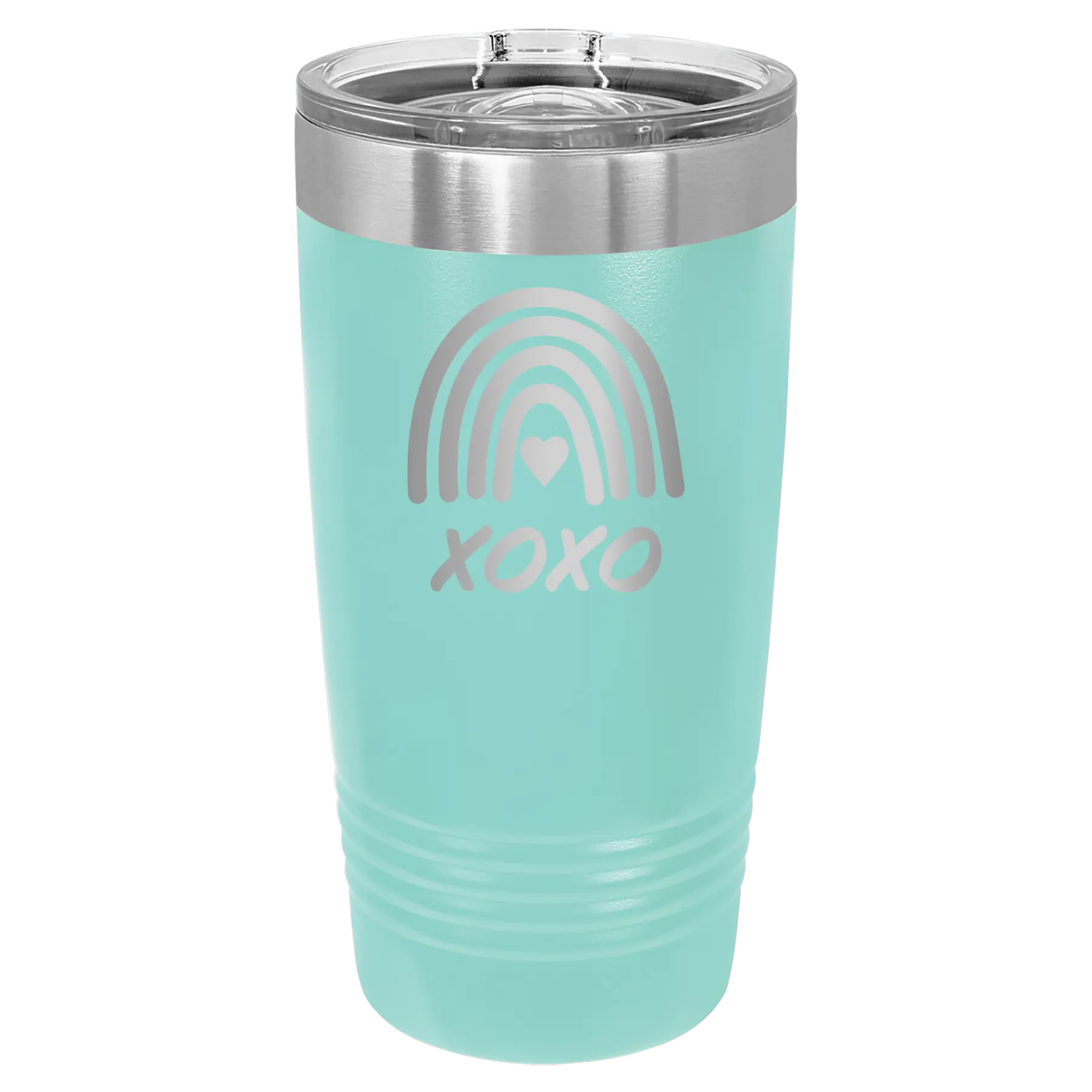 Laser etched teal 20 oz vacuum insulated tumbler with 'XOXO Rainbow' design
