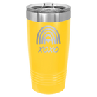 Laser etched yellow 20 oz vacuum insulated tumbler with 'XOXO Rainbow' design