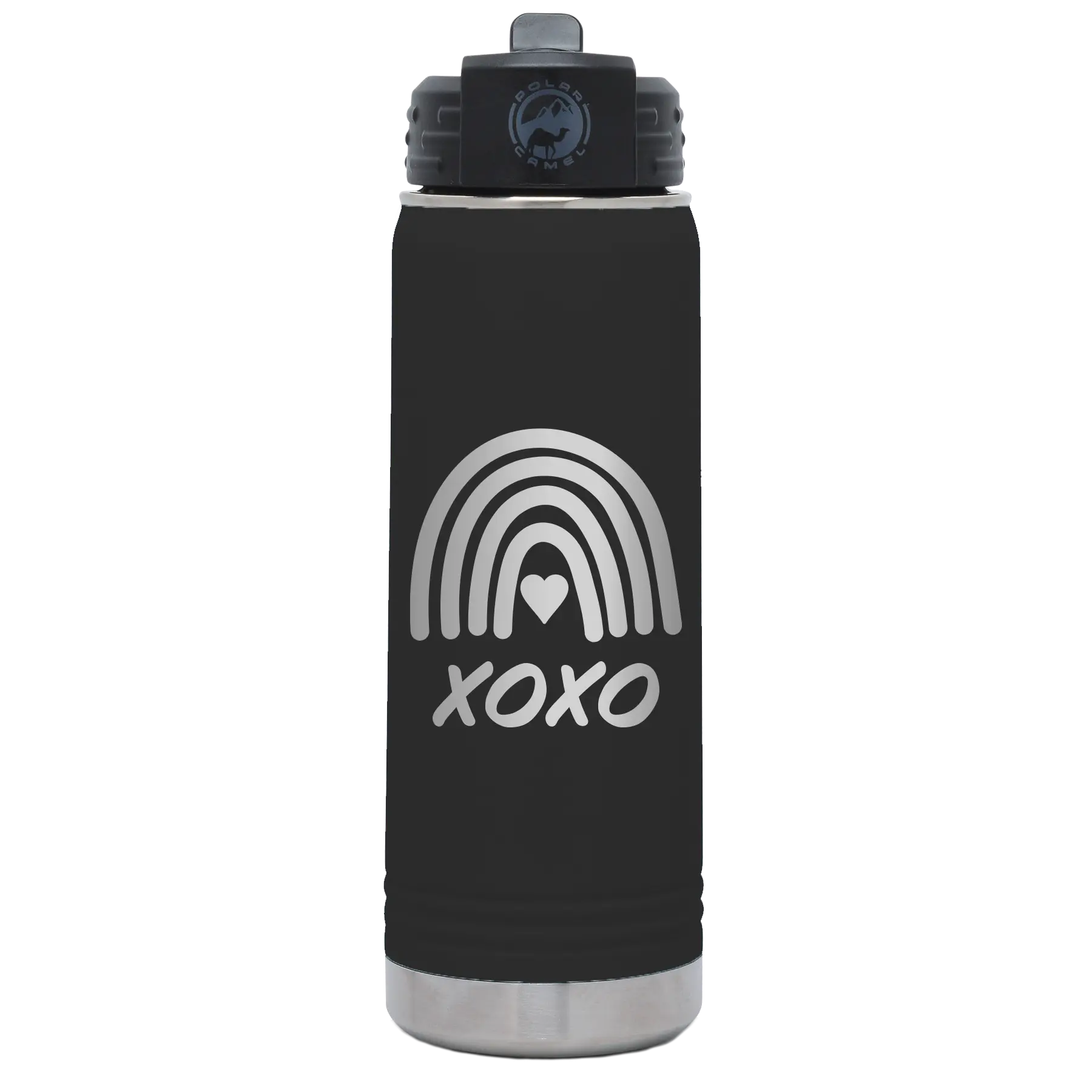 Laser etched black 20 oz vacuum insulated water bottle with 'XOXO Rainbow' design