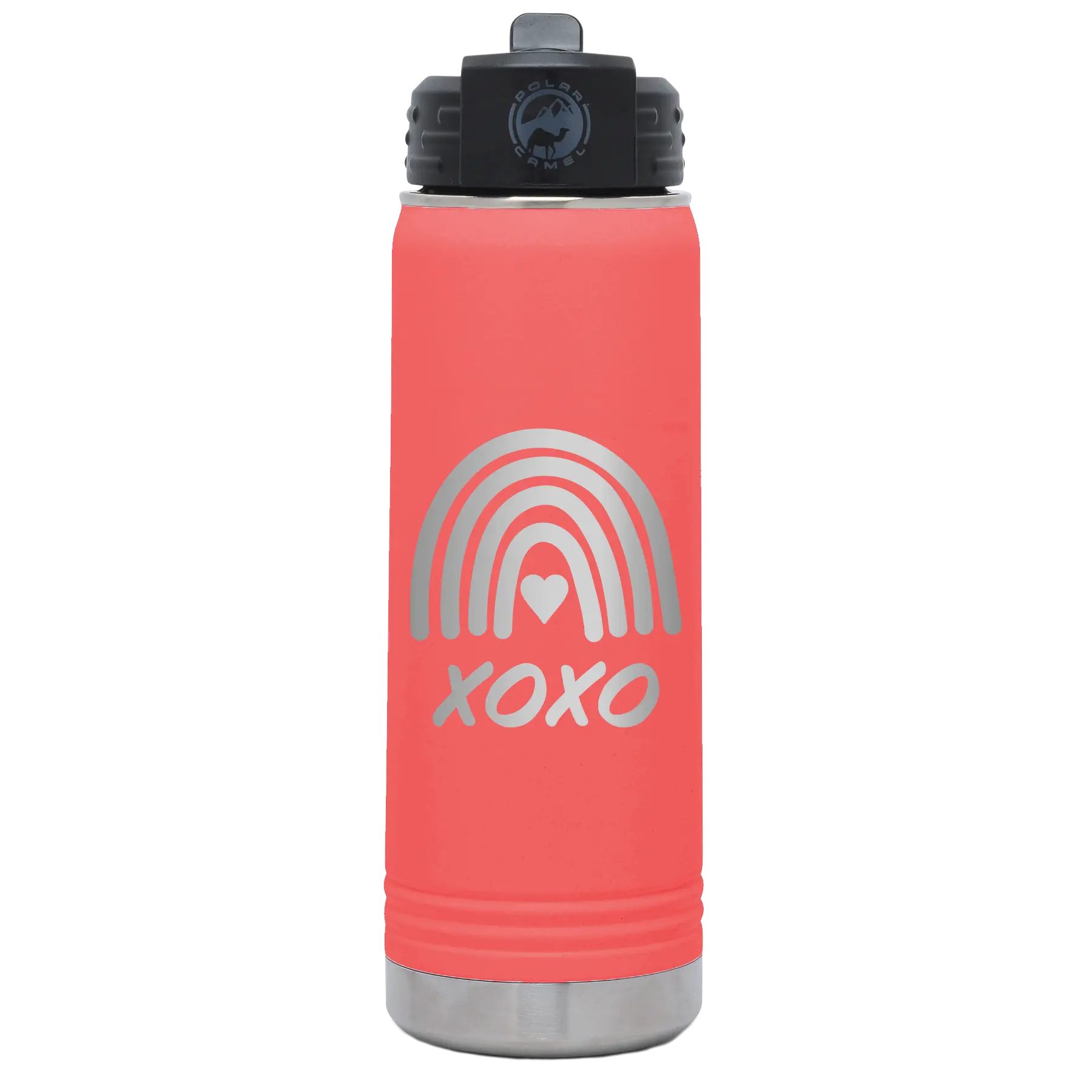 Laser etched coral 20 oz vacuum insulated water bottle with 'XOXO Rainbow' design
