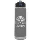 Laser etched dark gray 20 oz vacuum insulated water bottle with 'XOXO Rainbow' design