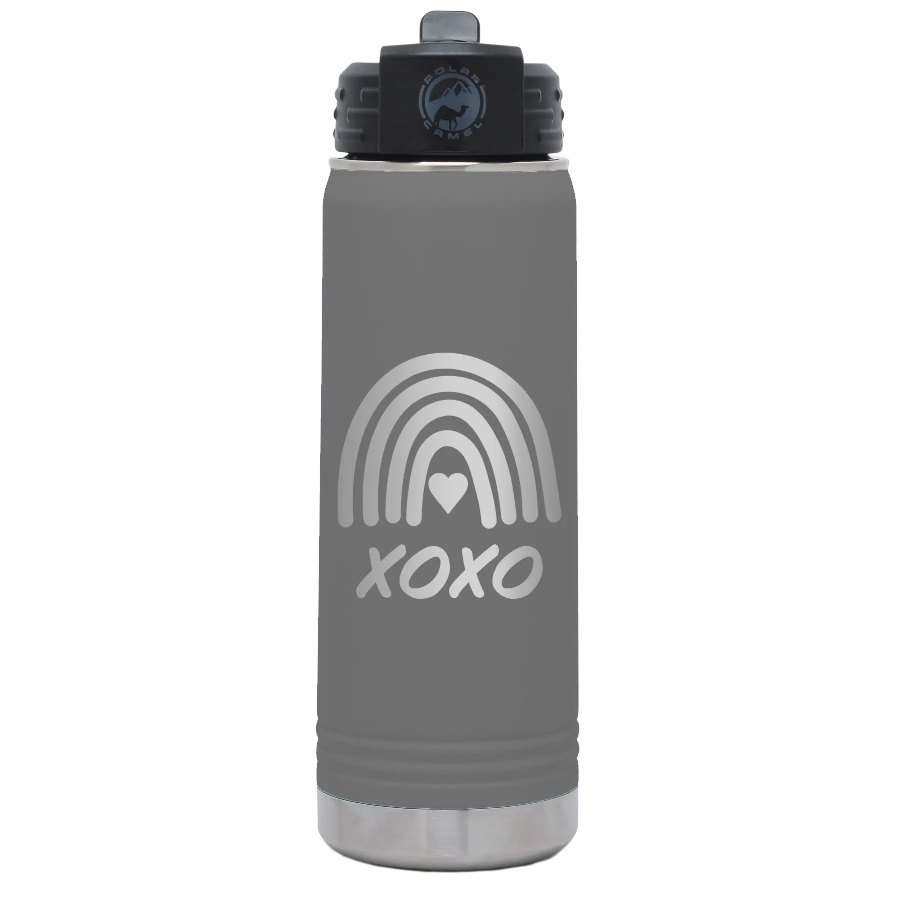 Laser etched dark gray 20 oz vacuum insulated water bottle with 'XOXO Rainbow' design