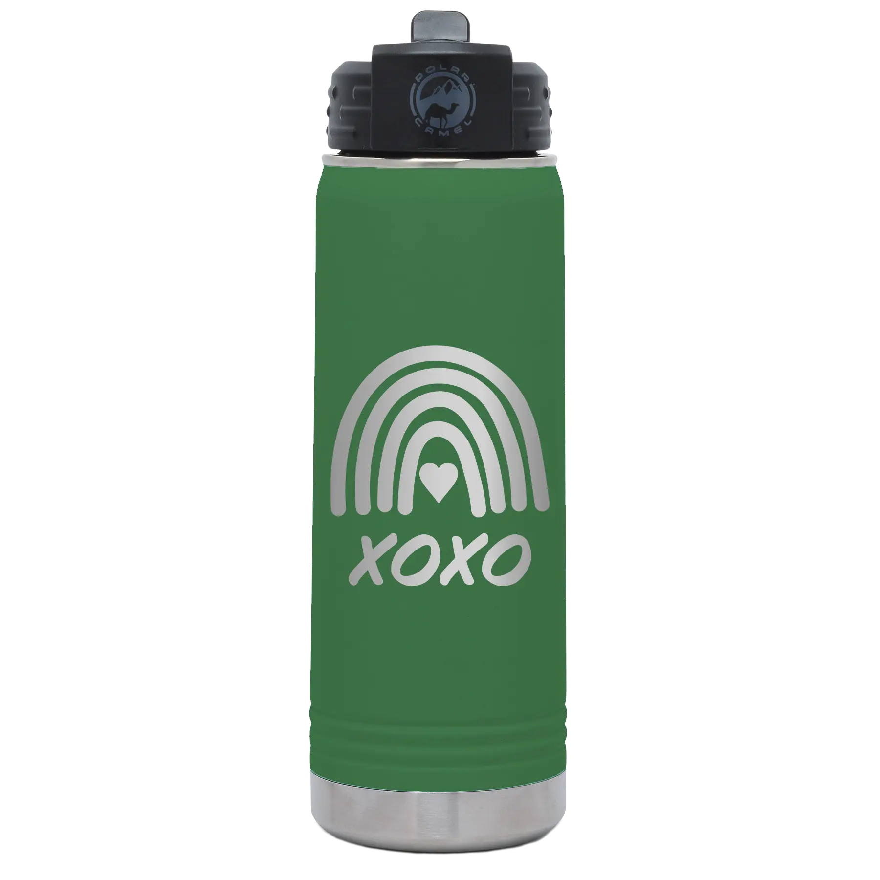 Laser etched green 20 oz vacuum insulated water bottle with 'XOXO Rainbow' design
