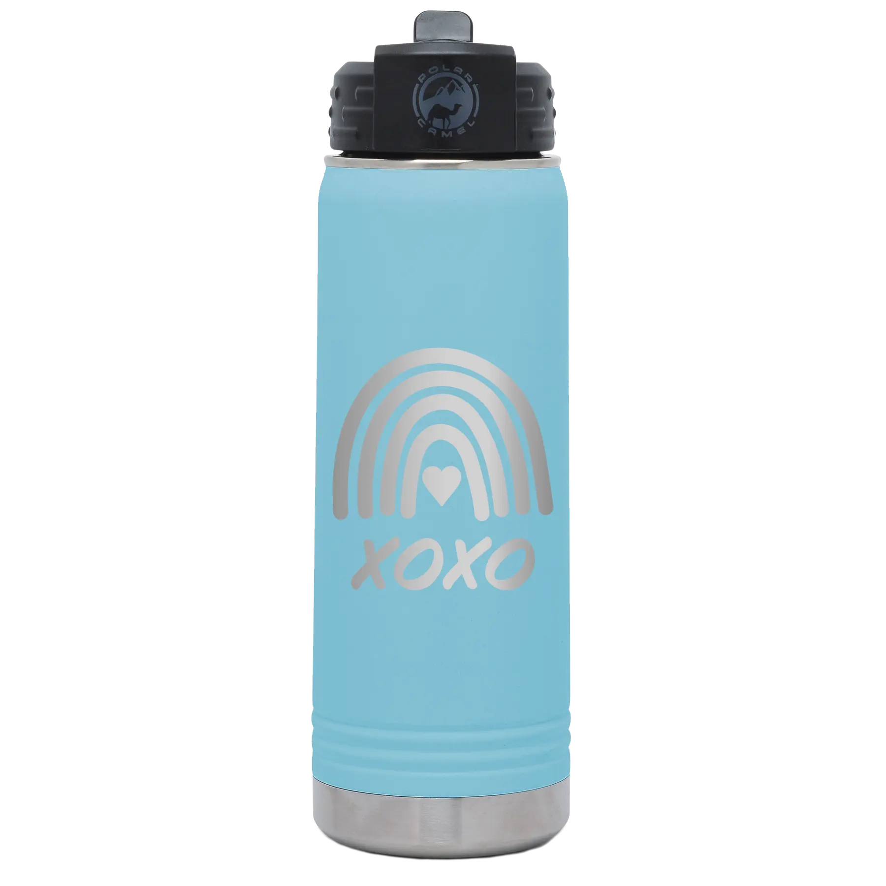 Laser etched light blue 20 oz vacuum insulated water bottle with 'XOXO Rainbow' design