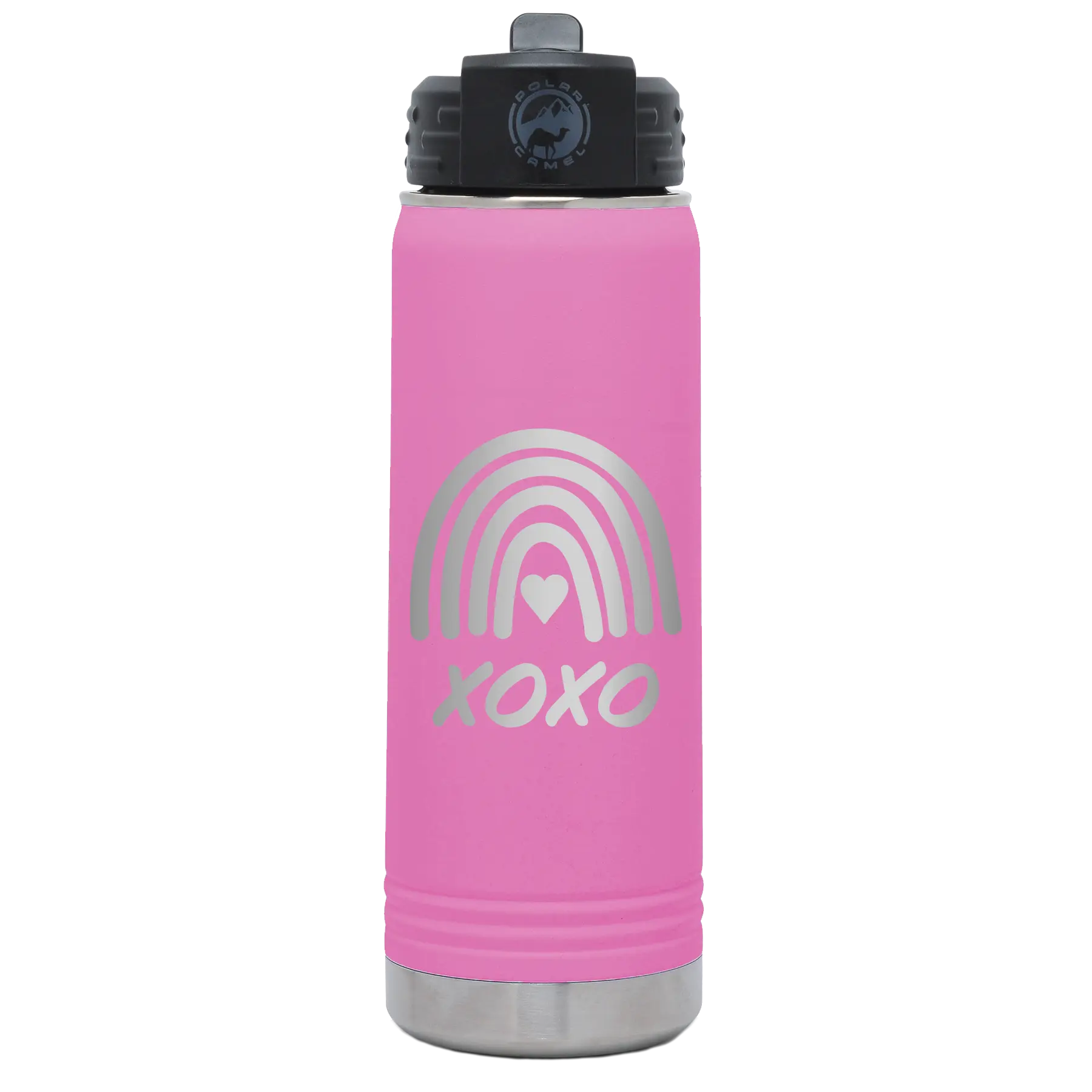Laser etched light purple 20 oz vacuum insulated water bottle with 'XOXO Rainbow' design