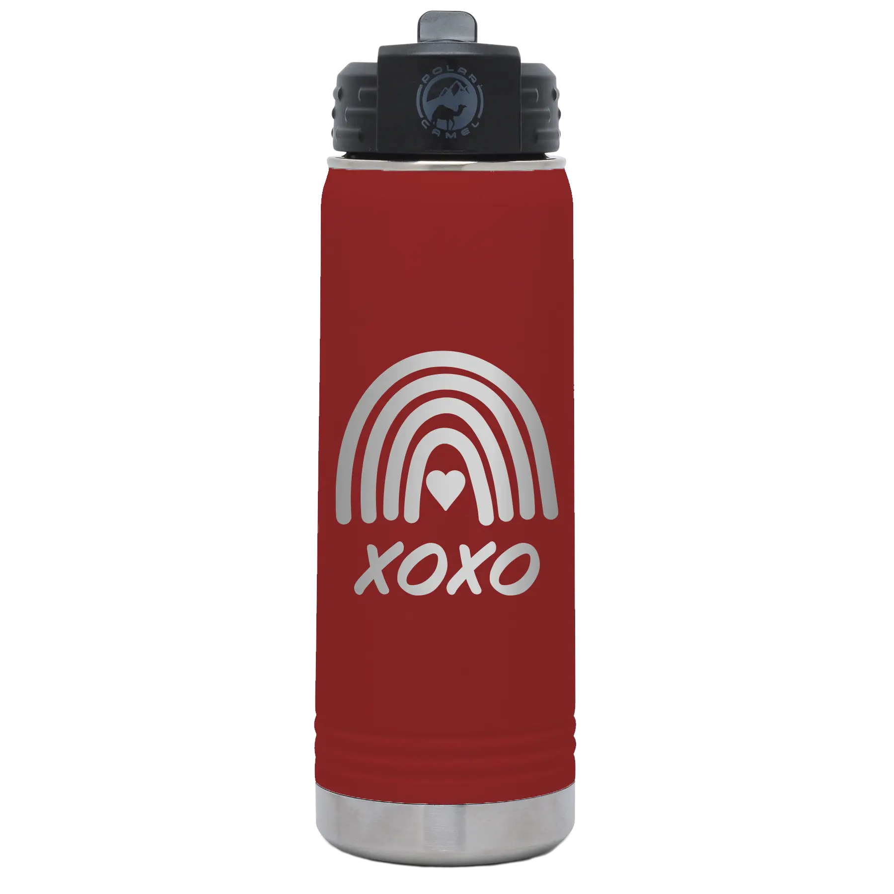 Laser etched maroon 20 oz vacuum insulated water bottle with 'XOXO Rainbow' design