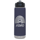 Laser etched navy 20 oz vacuum insulated water bottle with 'XOXO Rainbow' design