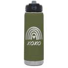 Laser etched olive green 20 oz vacuum insulated water bottle with 'XOXO Rainbow' design