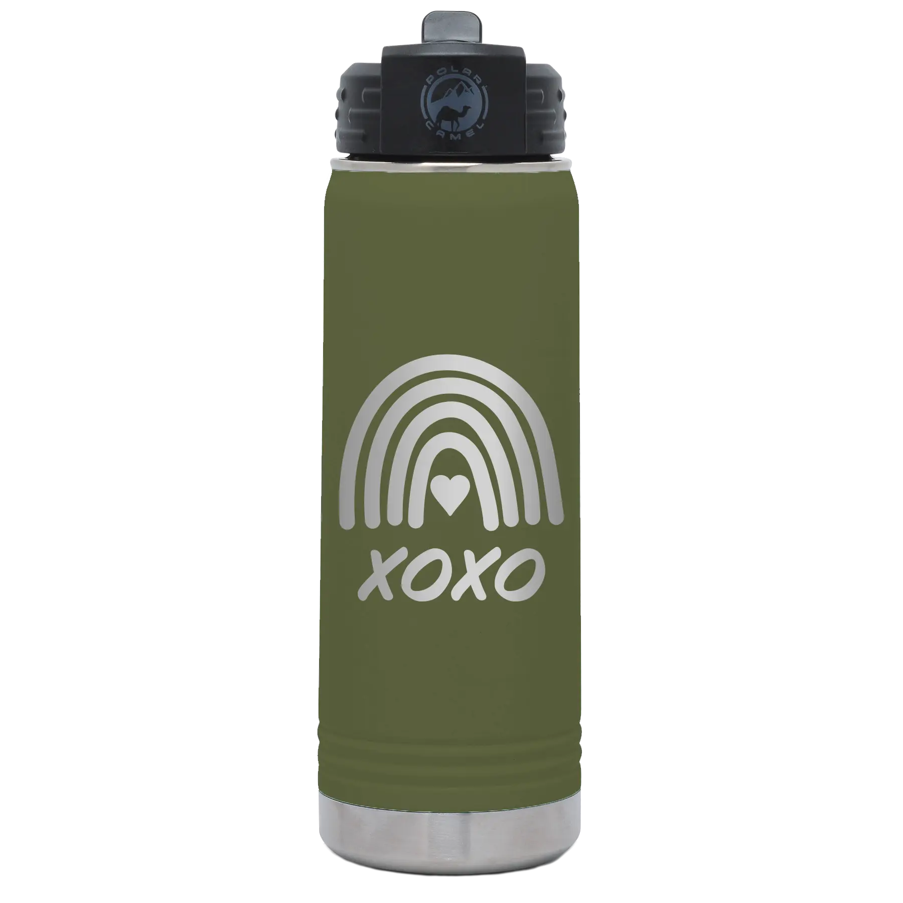 Laser etched olive green 20 oz vacuum insulated water bottle with 'XOXO Rainbow' design