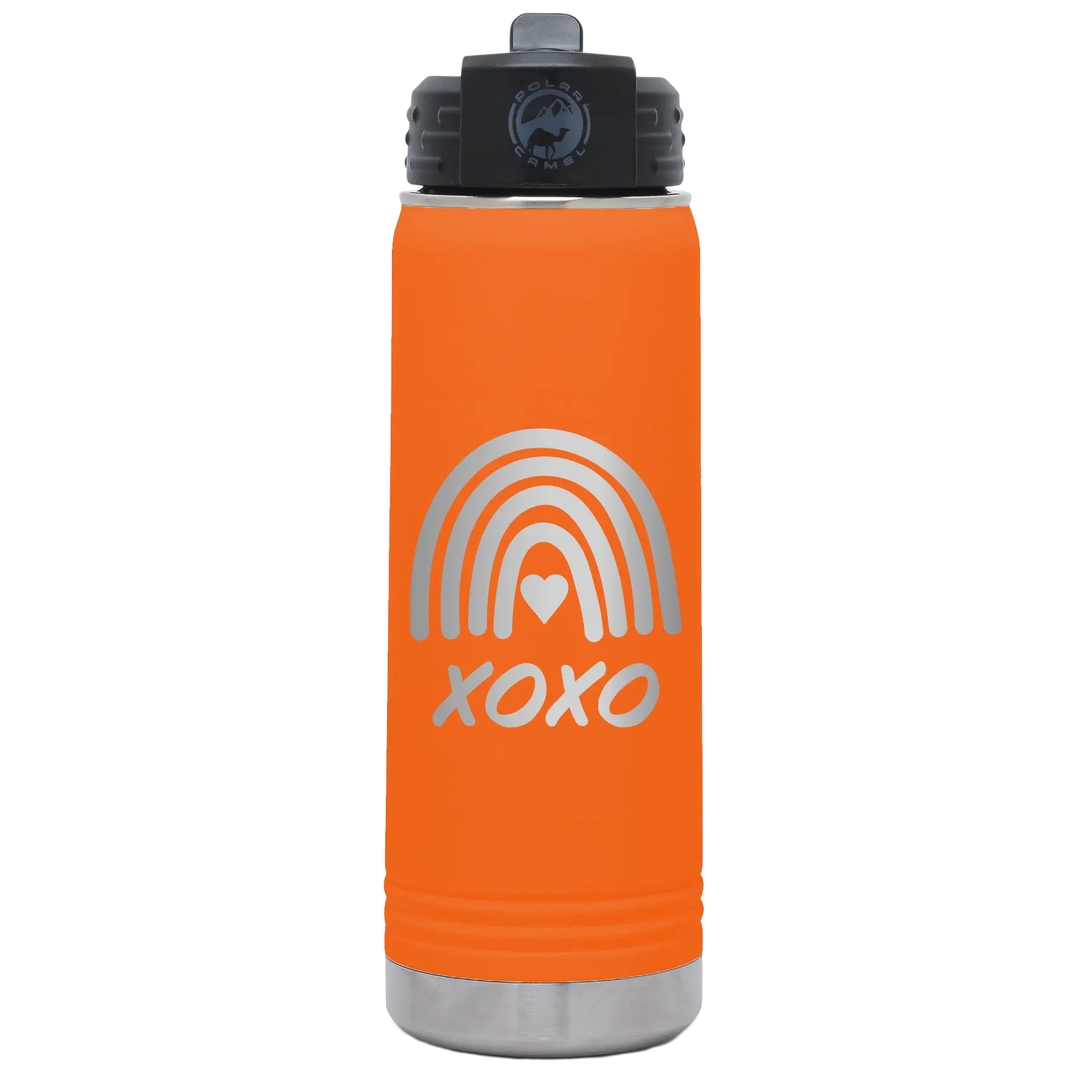 Laser etched orange 20 oz vacuum insulated water bottle with 'XOXO Rainbow' design