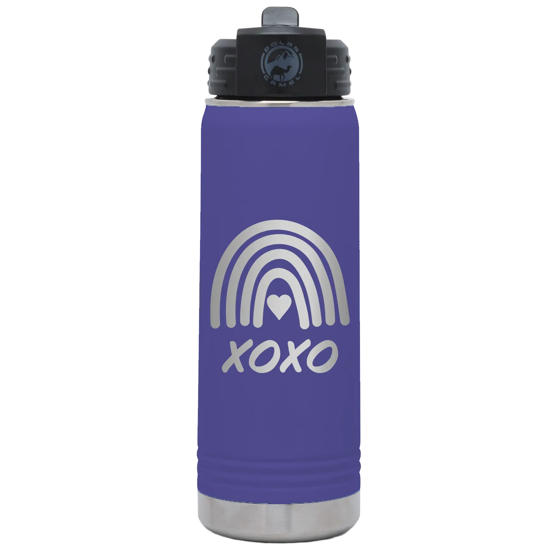 Laser etched purple 20 oz vacuum insulated water bottle with 'XOXO Rainbow' design