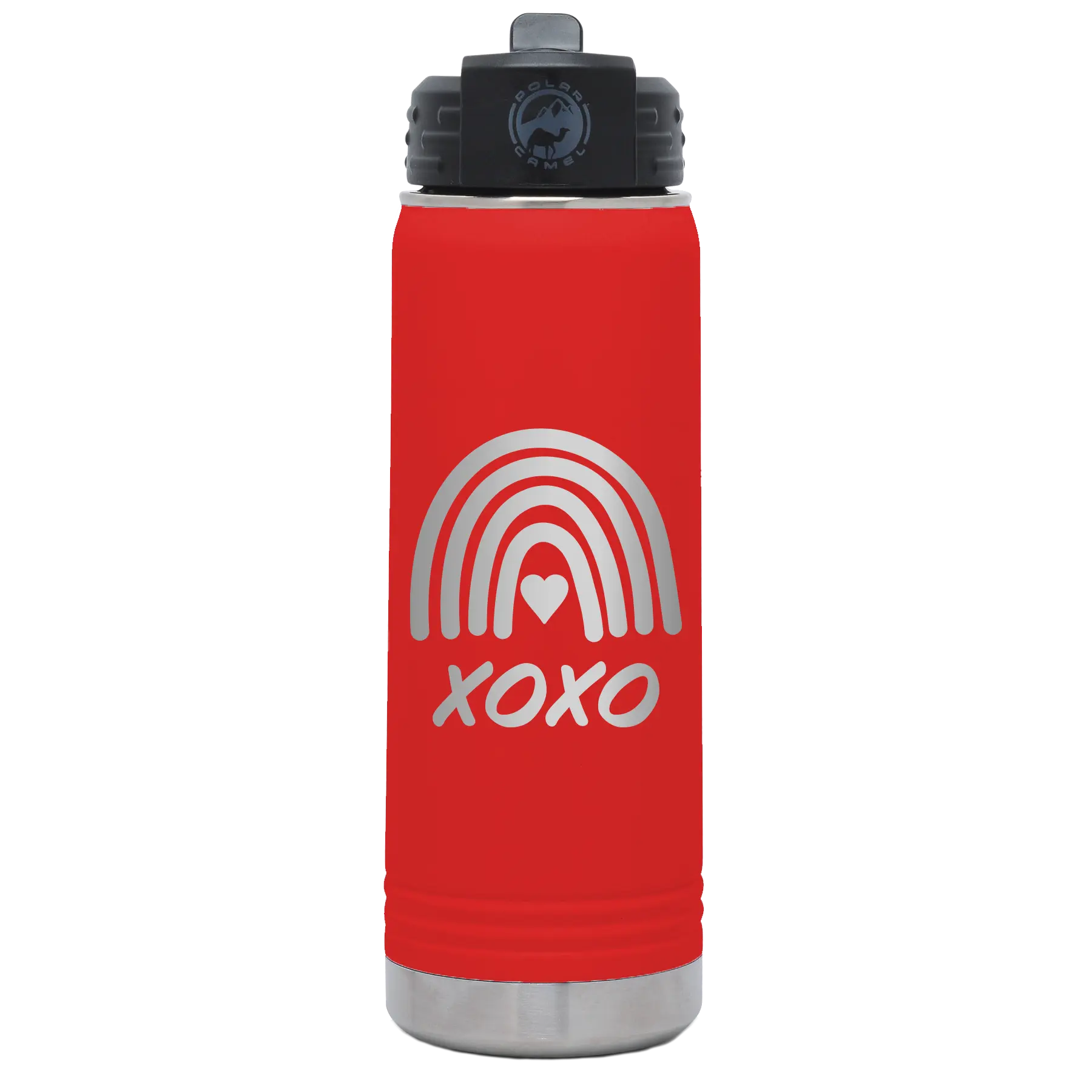 Laser etched red 20 oz vacuum insulated water bottle with 'XOXO Rainbow' design