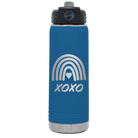 Laser etched royal blue 20 oz vacuum insulated water bottle with 'XOXO Rainbow' design